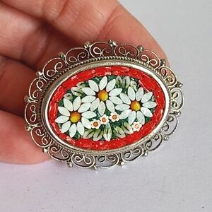 Vintage Retro 50s Silver Italian Daisy Floral Micro Mosaic Filligree Pin Brooch